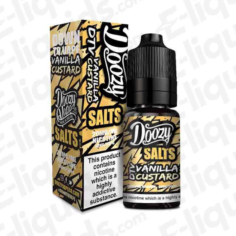 Vanilla Custard Nic Salt E-liquid by Doozy Vape Co with packaging, 10ml bottle featuring creamy vanilla and custard flavor.