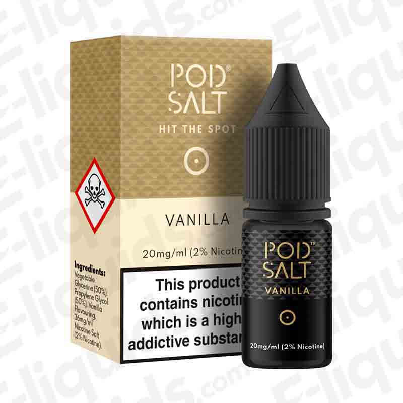 Vanilla Nic Salt E-liquid by Pod Salt in 10ml bottle, featuring smooth vanilla flavors and 20mg nicotine strength.