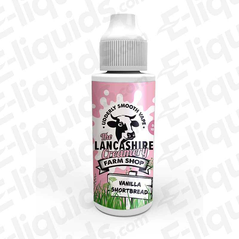 Vanilla Shortbread E-liquid by Lancashire Creamery 100ml bottle with farm-themed label for smooth vaping experience.