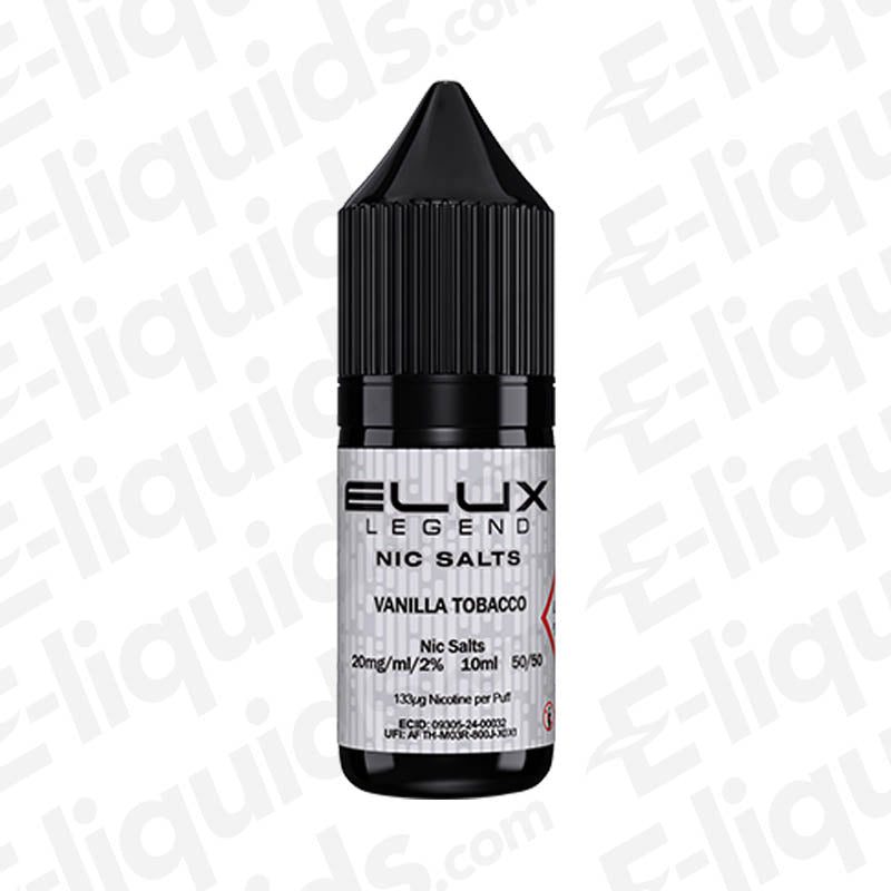 Elux Legend Vanilla Tobacco Nic Salt E-liquid bottle featuring rich tobacco and creamy vanilla flavors.