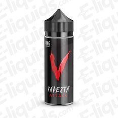 Vapesta Attack 100ml Shortfill: A revitalizing beverage blend mixed with sweet cola for a punchy, refreshing finish in black and red packaging.