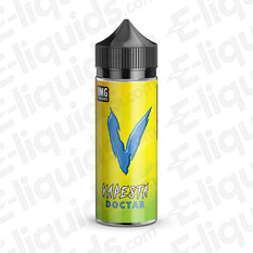 Vapesta Doctor 100ml Shortfill: A unique, spiced energy drink flavor with a mysterious blend of fruits and fizz in yellow and blue packaging.