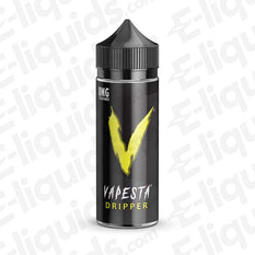 Vapesta Dripper 100ml Shortfill: A complex mix of energy drink, classic cola, and zesty lime with a fizzy finish in black and yellow packaging.