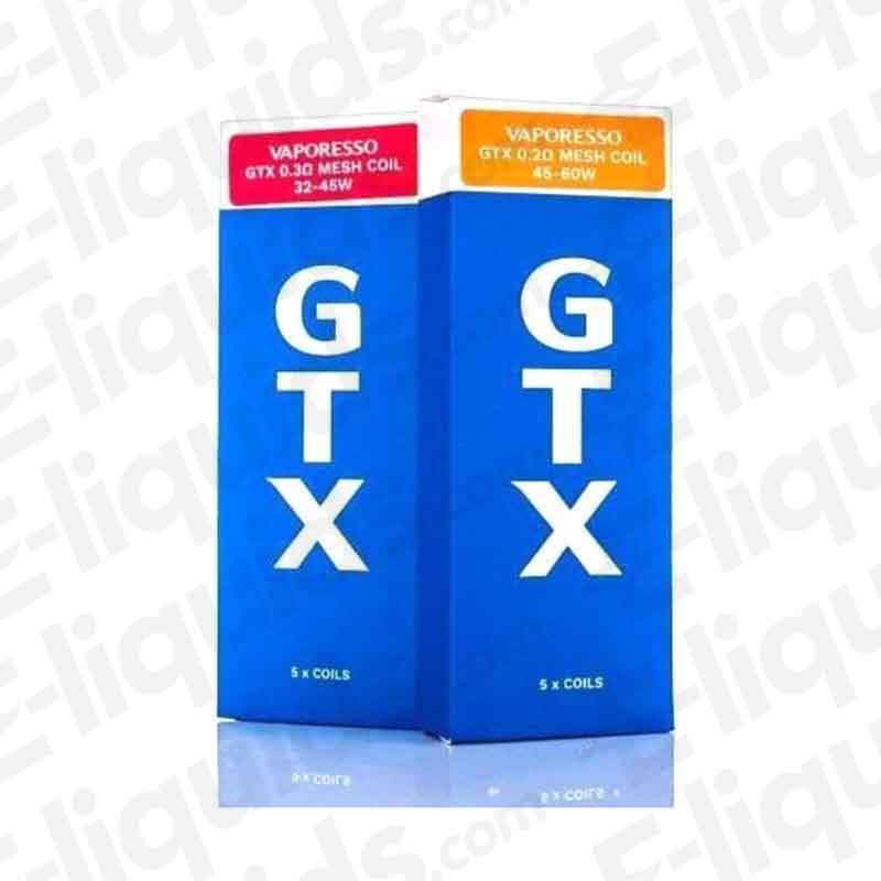 Vaporesso GTX Mesh Replacement Coils 5 Pack for Target PM80 and GTX One, 0.2 to 1.2 Ohm options, shown in packaging.