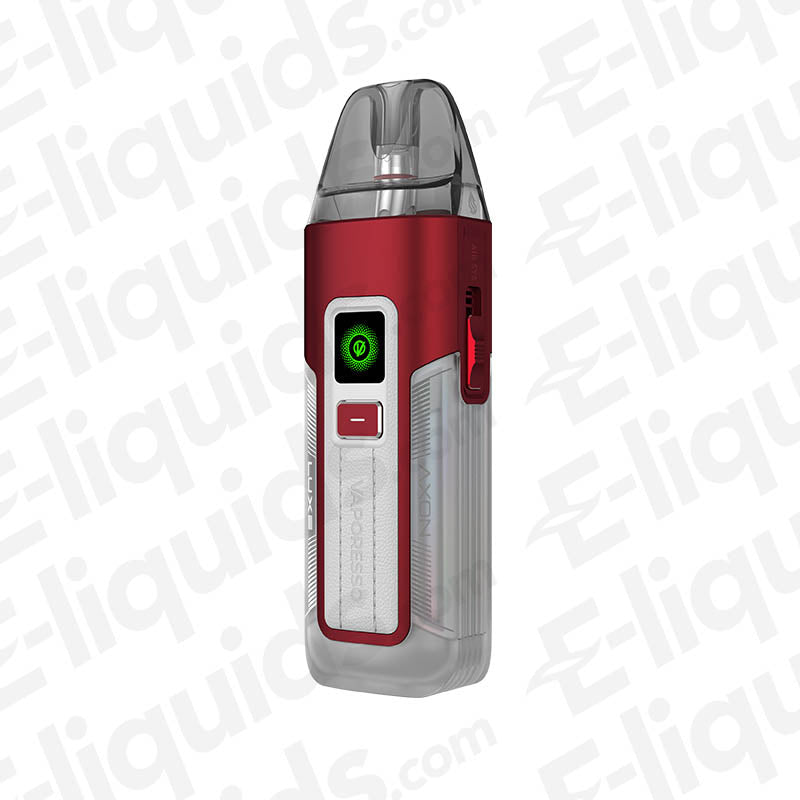 Vaporesso Luxe X2 Vape Pod Kit in red and transparent design, featuring customizable MTL vaping and COREX 2.0 technology.