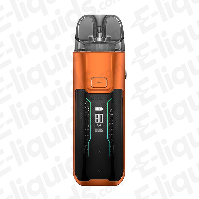 Vaporesso Luxe XR Max Coral Orange Pod Kit with 80W power display and sleek design.