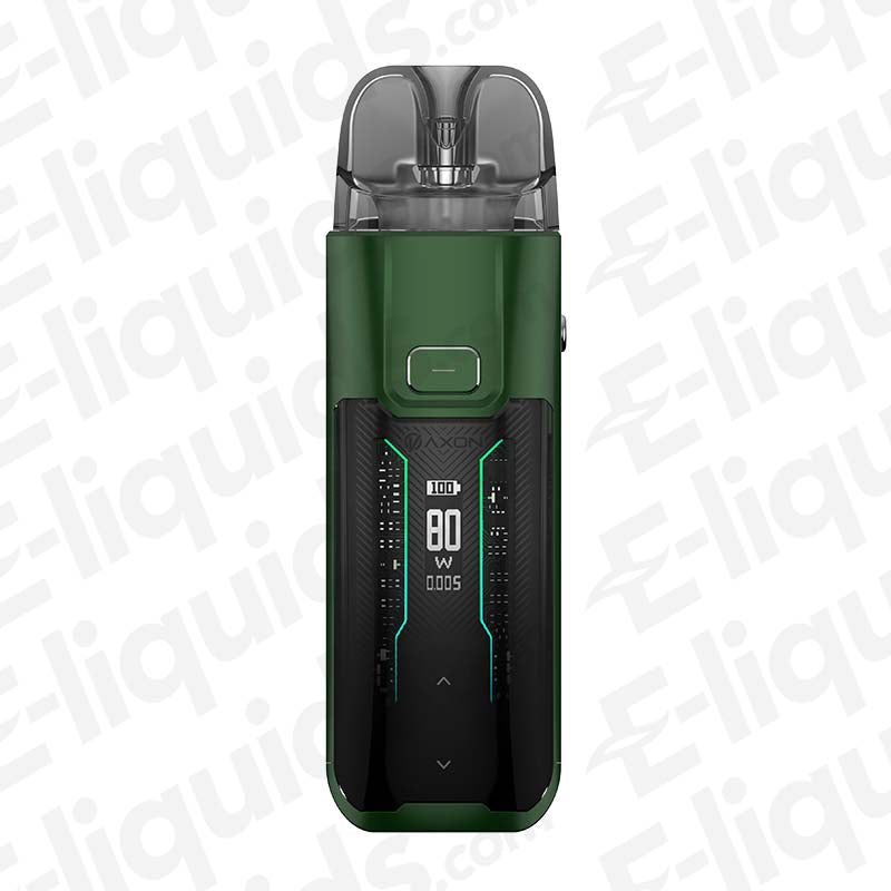 Vaporesso Luxe XR Max Forest Green Pod Kit with 2800mAh battery and 5-80W power range displayed on screen.