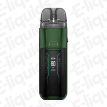 Vaporesso Luxe XR Max Forest Green Pod Kit with 2800mAh battery and 5-80W power range displayed on screen.