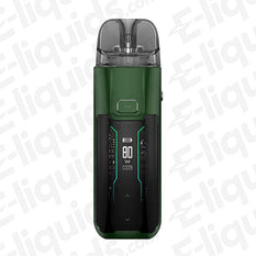 Vaporesso Luxe XR Max Forest Green Pod Kit with 2800mAh battery and 5-80W power range displayed on screen.