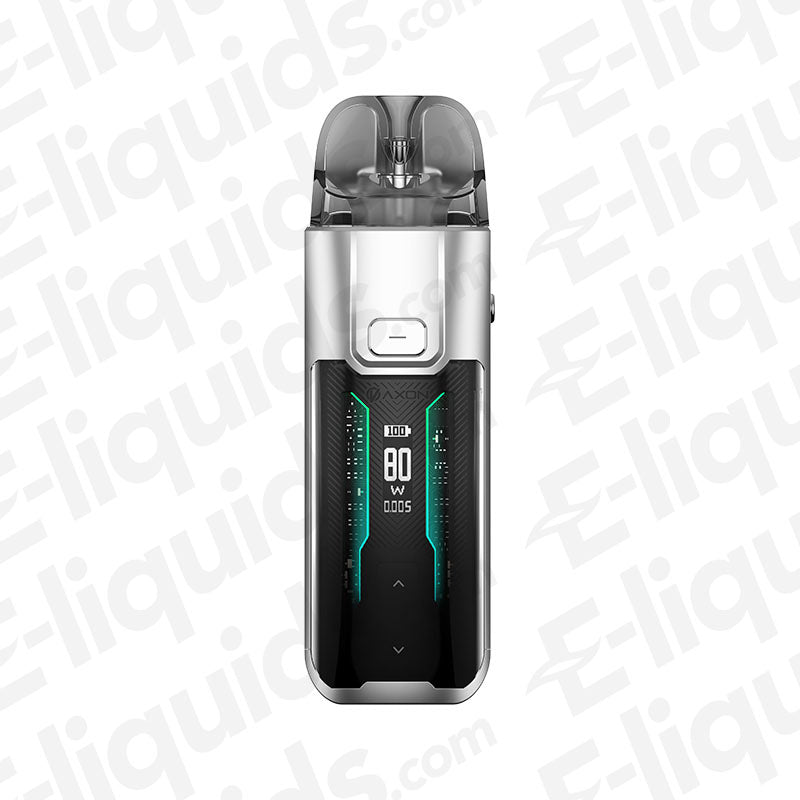 Vaporesso Luxe XR Max Silver Pod Kit with digital display, 2800mAh battery, adjustable power output from 5-80W.