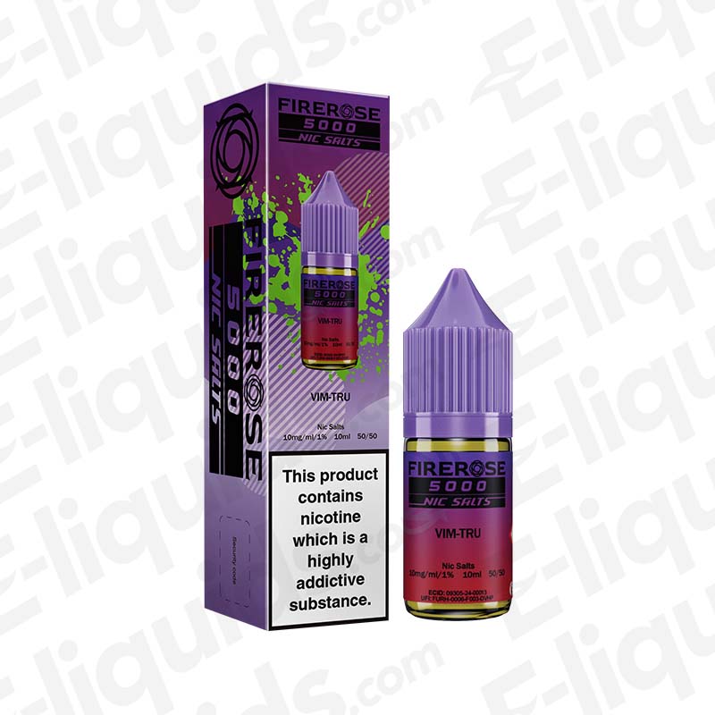 Vim-Tru Firerose 5000 Nic Salt E-liquid by Elux in purple bottle with box, 10mg nicotine for flavorful vaping.