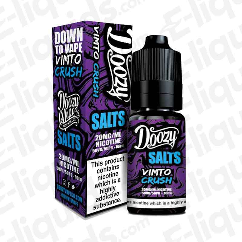 Doozy Vape Co Fruit Crush Nic Salt E-liquid bottle and packaging, featuring grape, raspberry, and blackcurrant flavors with ice.