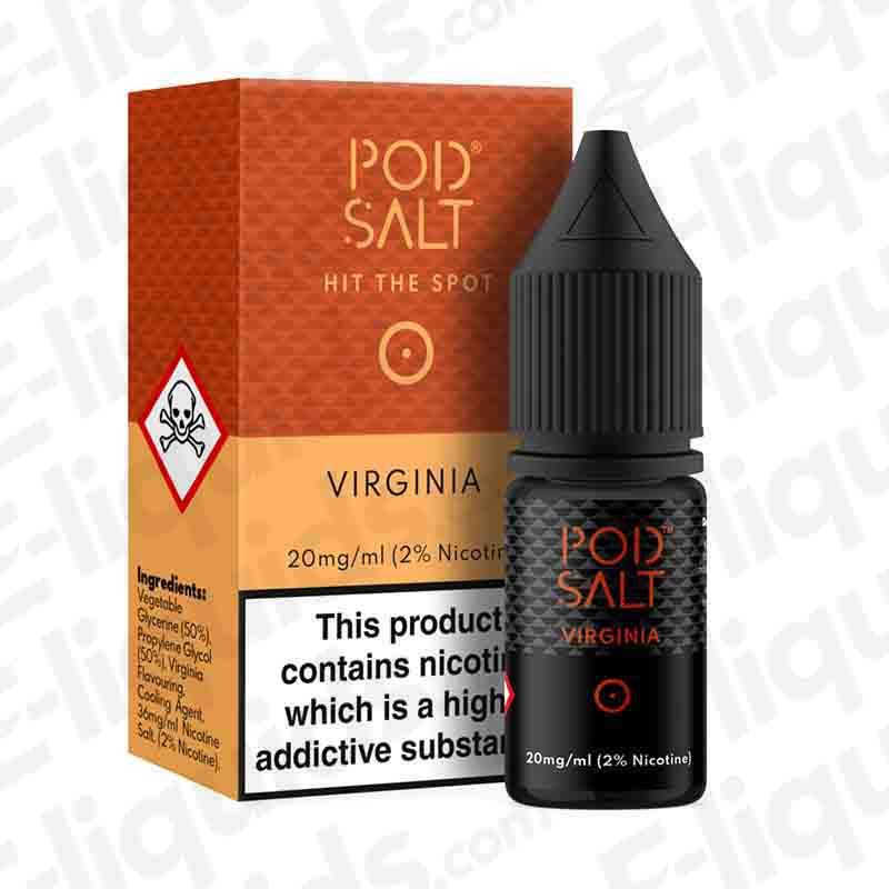 Virginia Nic Salt E-liquid by Pod Salt in 10ml bottle, featuring rich tobacco flavor and 20mg nicotine strength.