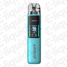 Voopoo Argus G2 Pod Kit in teal color; features a display showing 30W and battery status for versatile vaping.