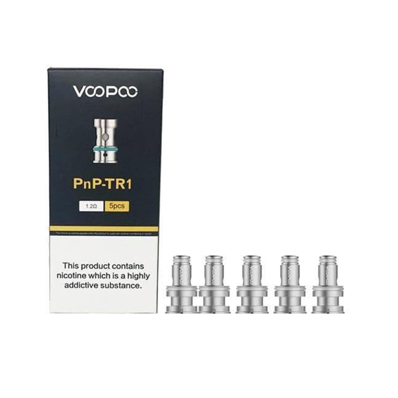 Voopoo PnP TR1 Replacement Vape Coils pack of 5 with box display, suitable for Mouth-to-Lung vaping, 1.2ohm resistance.
