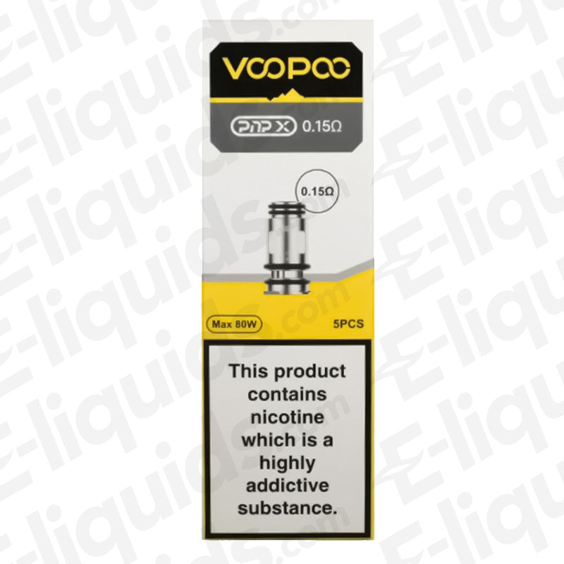 Voopoo PnP X Coils Pack of 5 with 0.15 Ohm resistance, compatible with Drag X Plus and TPP-X pod tanks displayed in box