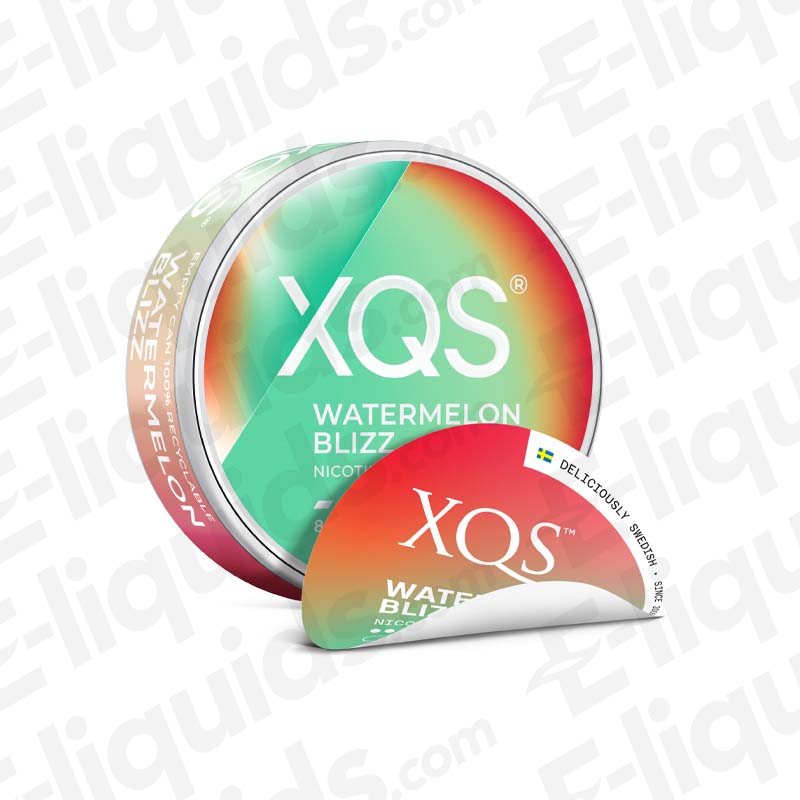 XQS Watermelon Blizz Nicotine Pouches with juicy Watermelon and a refreshing Mint finish in orange and light green packaging.