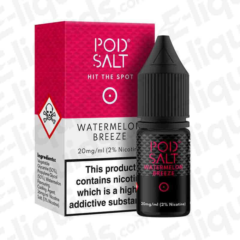 Watermelon Breeze Nic Salt E-liquid by Pod Salt in 10ml bottle with 20mg nicotine, featuring refreshing watermelon and ice flavor.