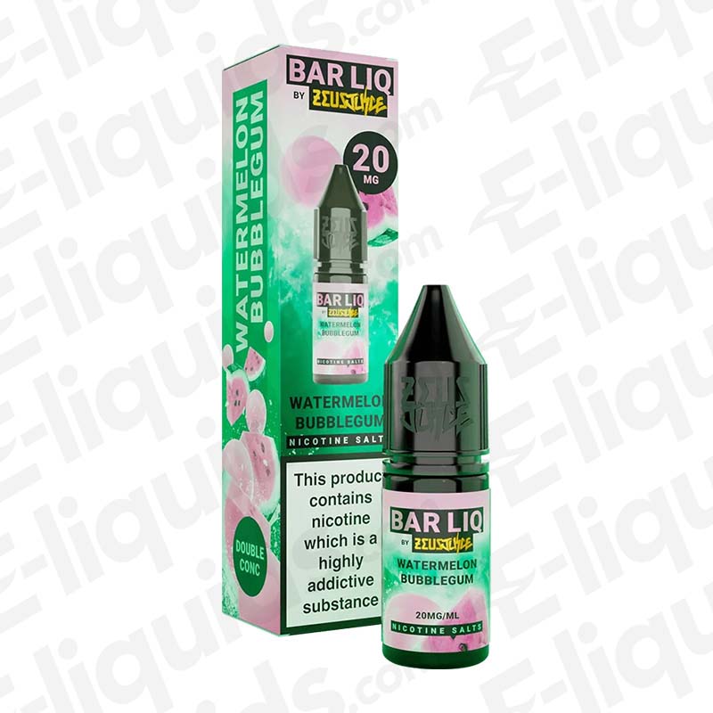 Watermelon Bubblegum Bar Liq Nic Salt E-liquid by Zeus Juice in 20mg strength, featuring vibrant packaging and e-liquid bottle.