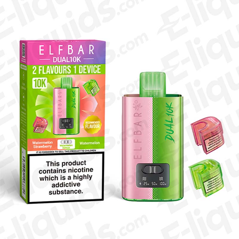 Elf Bar Dual 10K Disposable Vape Kit with dual flavours, 10,000 puffs, and prefilled pods.