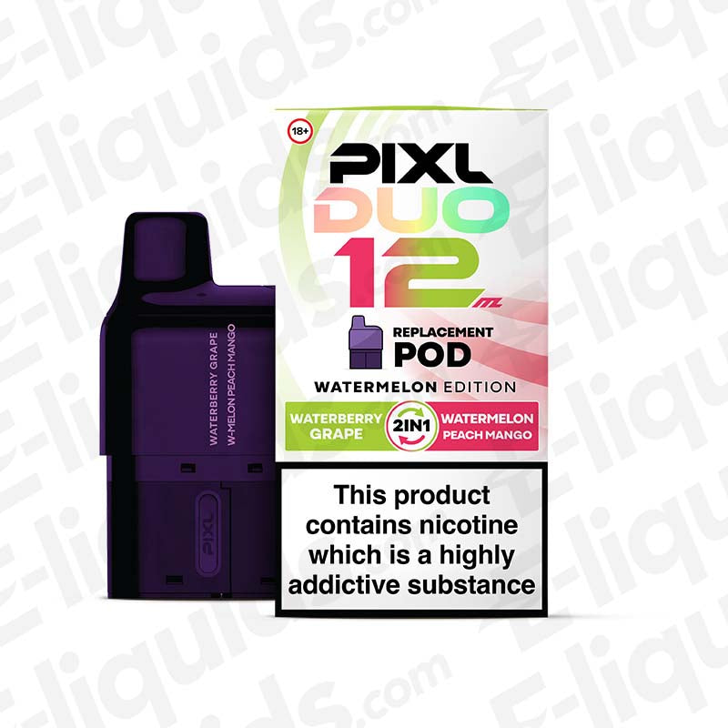 Watermelon Edition PIXL Duo 12 Prefilled Pod with watermelon, grape, and peach-mango flavors for vaping.