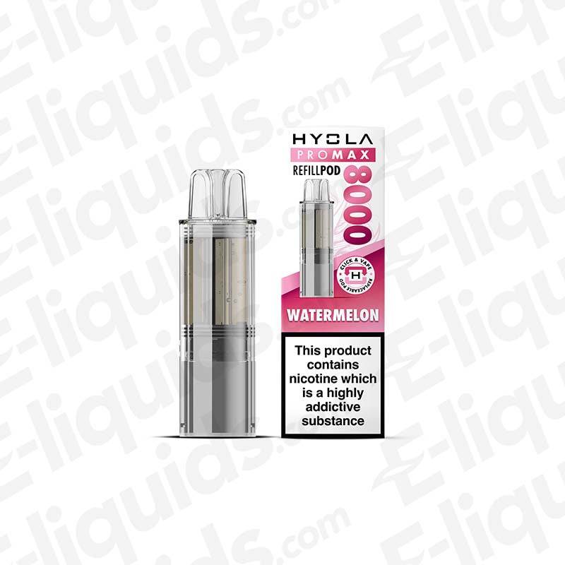 Hyola Pro Max 8000 Watermelon Prefilled Pod, TPD compliant, 20mg nicotine, 2ml pod capacity, e-liquid pack, 8000 puffs.