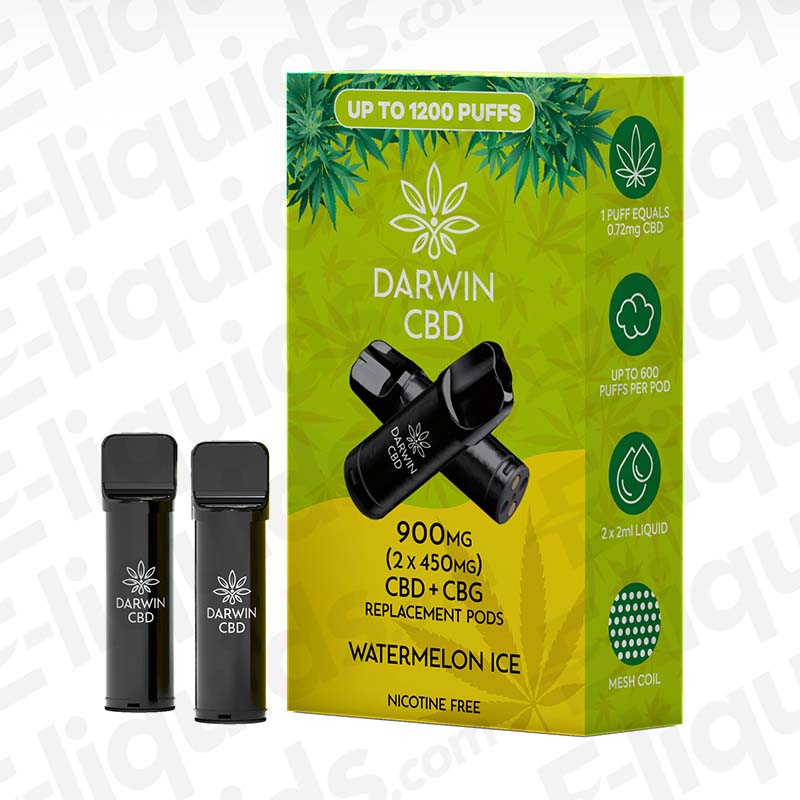Darwin CBD+CBG 900mg Watermelon Ice (2 x 450mg) Prefilled Pod with frosty Watermelon flavour in green and yellow packaging.