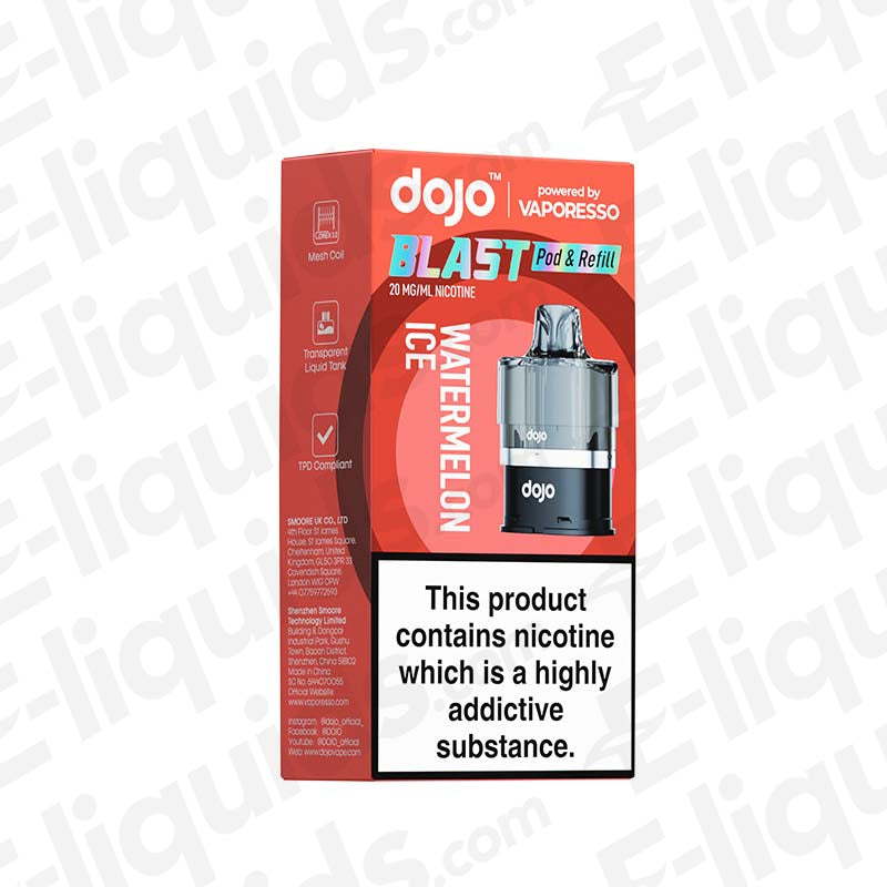 Vaporesso Dojo Blast 6000 Prefilled Replacement Pod packaging for Watermelon Ice flavor, featuring Corex 2.0 mesh coil technology.
