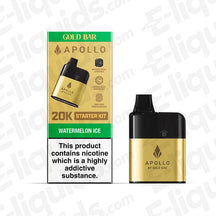 Gold Bar 20K Apollo AIO vape pod kit with Watermelon Ice flavor, featuring compact design and 20,000 puffs.