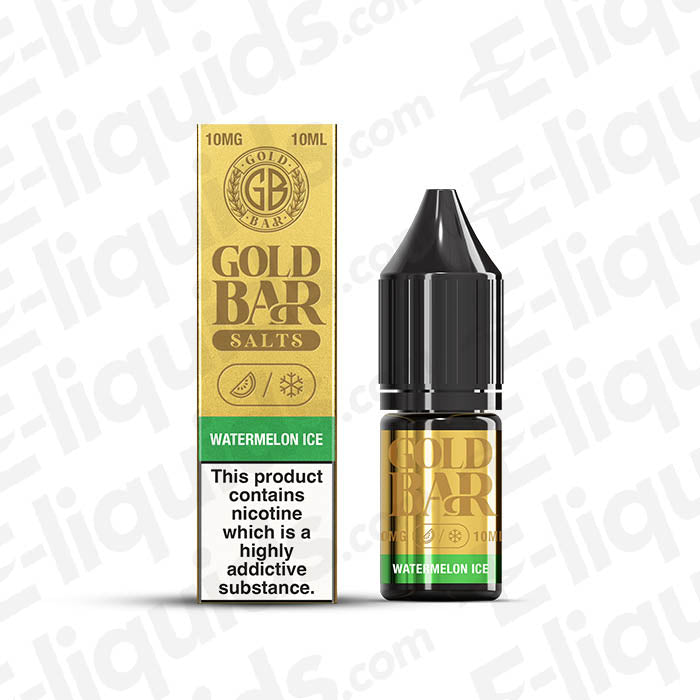Watermelon Ice Nic Salt e-liquid by Gold Bar in 10mg strength, 10ml bottle with vibrant packaging.