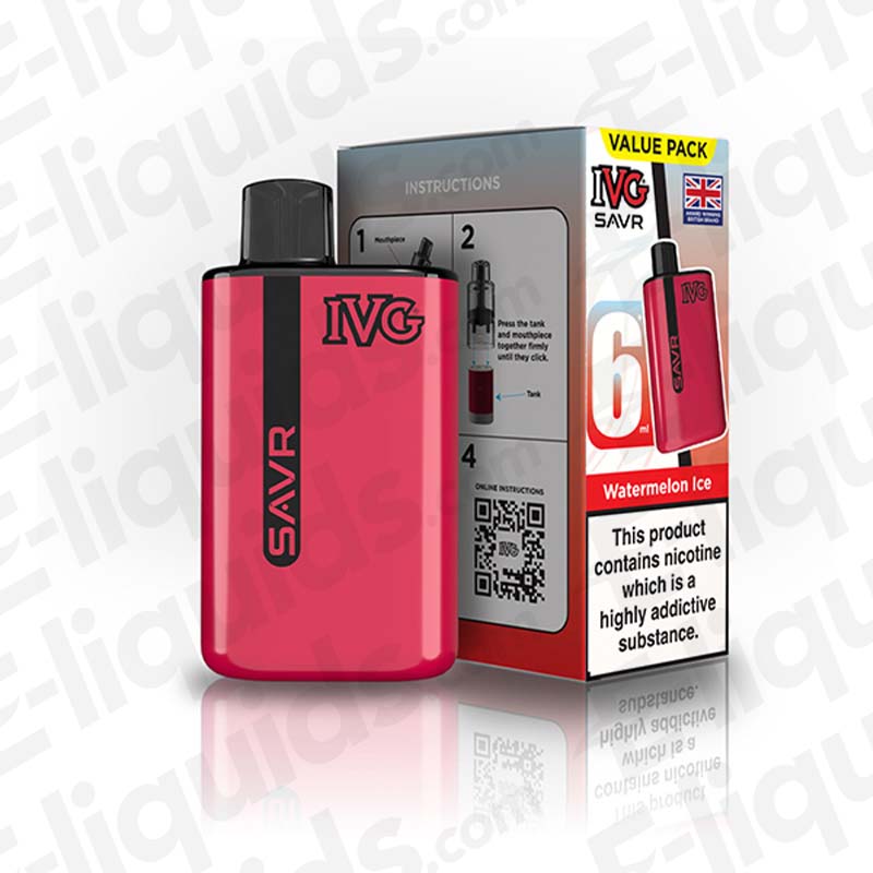 IVG SAVR Legal Big Puff Prefilled Pod Kit in pink with instructions, includes Watermelon Ice flavor.