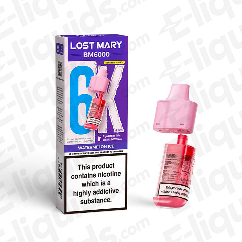 Lost Mary BM6000 Prefilled Pod in Watermelon Ice flavor, provides up to 6000 puffs, with bold design and UK compliance.