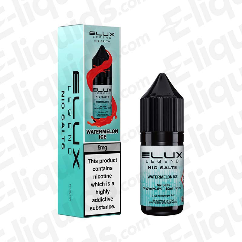 Bottle and packaging of Watermelon Ice Nic Salt E-liquid by Elux Legend with 5mg nicotine strength.