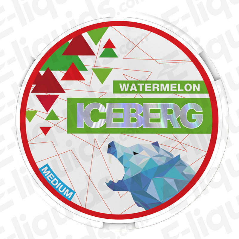 Watermelon Nicotine Pouches by Iceberg, featuring a vibrant design with geometric shapes and a medium strength indicator.
