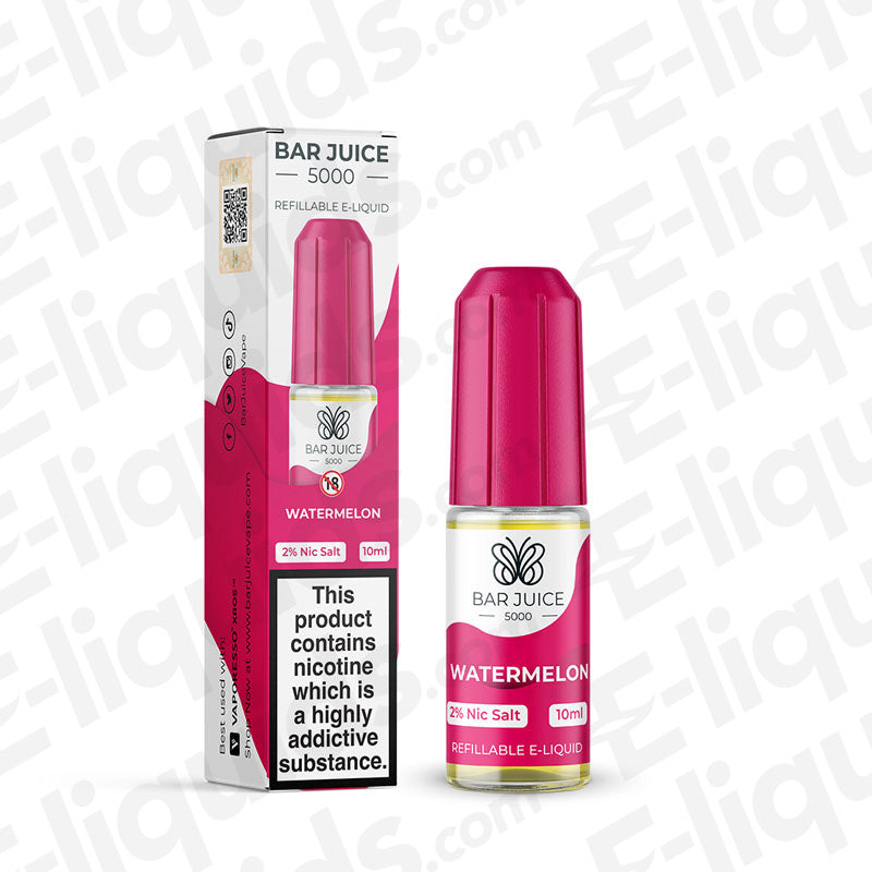 Watermelon Nic Salt E-liquid by Bar Juice 5000, 10ml bottle with 20mg nicotine, refreshing flavor.