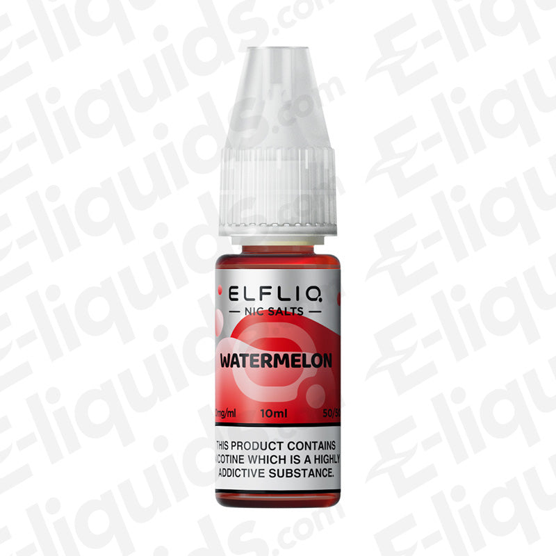 ELFLIQ Watermelon Nic Salt E-liquid 10ml bottle with 20mg nicotine strength, featuring juicy watermelon flavor for vaping.