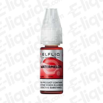 ELFLIQ Watermelon Nic Salt E-liquid 10ml bottle with 20mg nicotine strength, featuring juicy watermelon flavor for vaping.