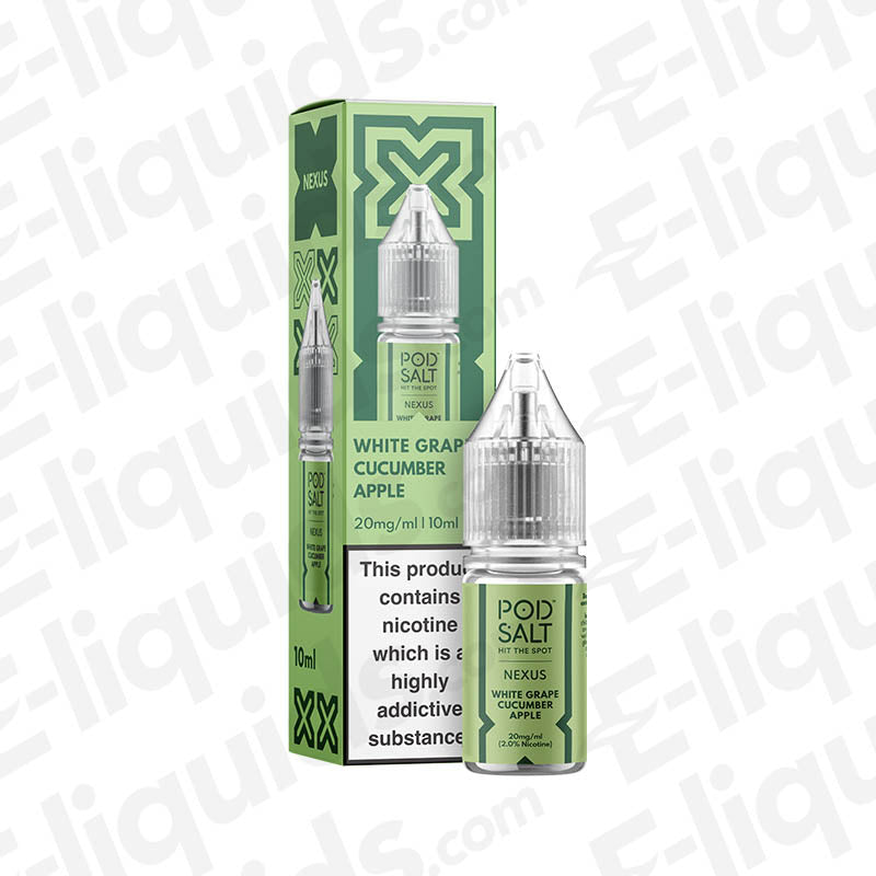 Pod Salt Nexus White Grape Cucumber Apple Nic Salt E-liquid in 10ml bottle with packaging.