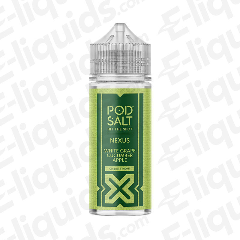 Pod Salt Nexus White Grape Cucumber Apple Shortfill E-liquid bottle, 100ml, tropical vape flavor.