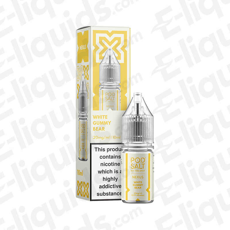White Gummy Bear Nic Salt E-liquid by Pod Salt Nexus, 20mg/ml nicotine, 10ml bottle with fruity candy flavor.