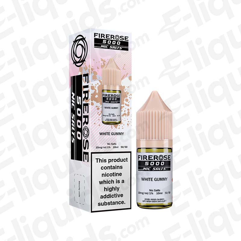 White Gummy Firerose 5000 Nic Salt E-liquid by Elux in a pink bottle with box, featuring a nostalgic gummy treat flavor.