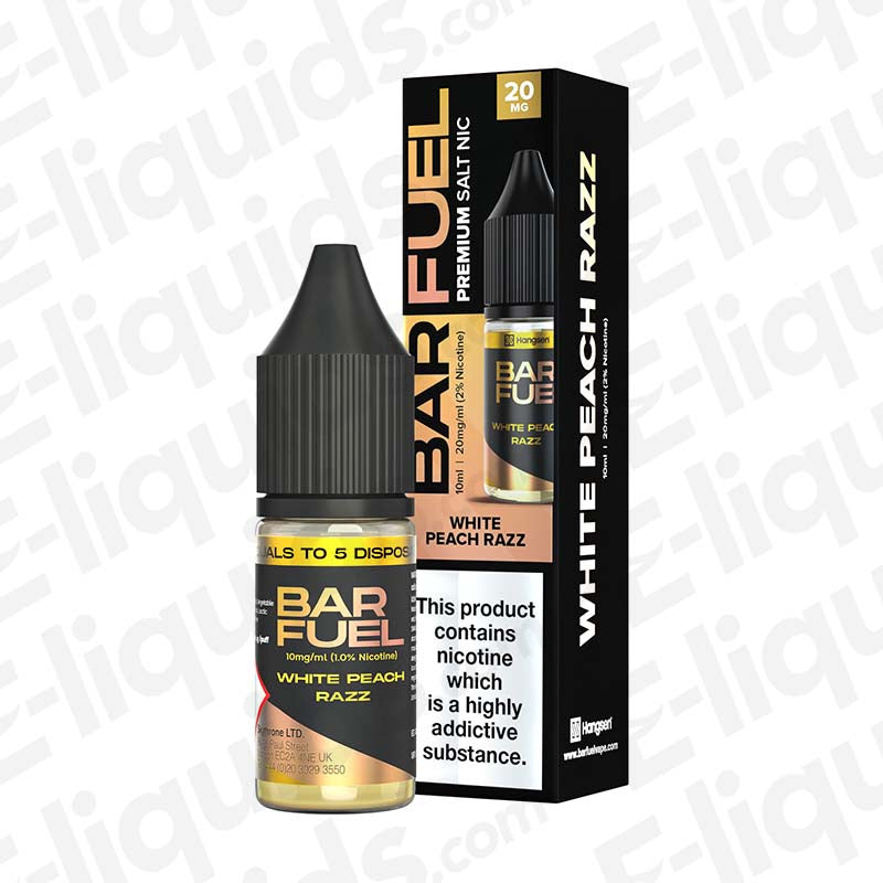 White Peach Razz Nic Salt E-liquid by Bar Fuel in a 10ml bottle with a box packaging, offering smooth throat hits.