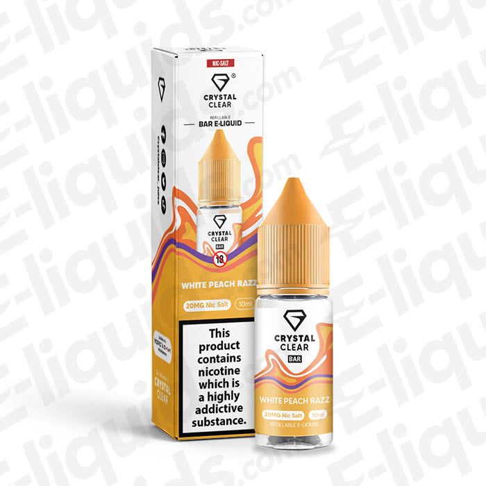 Crystal Clear Bar White Peach Razz Nic Salt 20mg e-liquid bottle with packaging, showcasing fruity flavors.