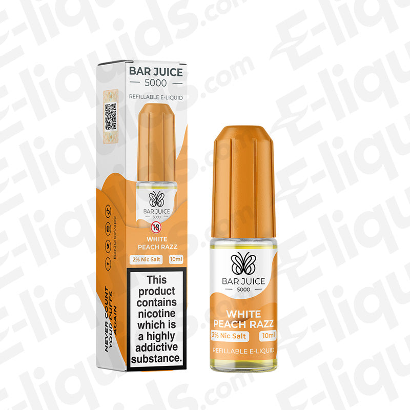 White Peach Razz Nic Salt E-liquid by Bar Juice 5000 in 10ml bottle with packaging, featuring peach and raspberry flavor.