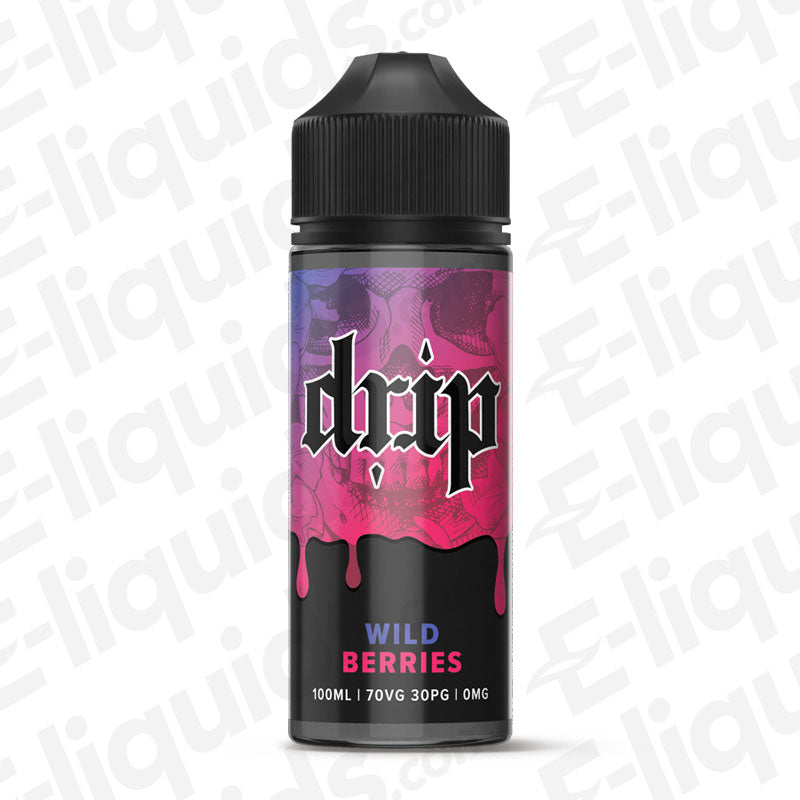 Wild Berries E-liquid by Drip in a 100ml bottle with vibrant design, offering a smooth wild berry flavor.