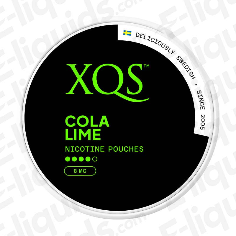 XQS Cola Lime Nicotine Pouches with a fizzy Cola base and a zesty Lime twist in black and green packaging.