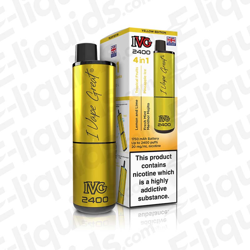 IVG 2400 Yellow Edition 4-in-1 Rechargeable Pod Kit with USB Type-C, featuring prefilled 20mg nic salt e-liquids.