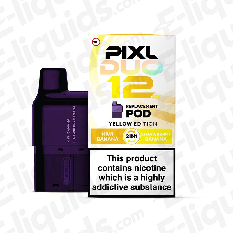 Yellow Edition PIXL Duo 12 Prefilled Pod featuring kiwi and strawberry banana flavors in a 2-in-1 replacement pod.