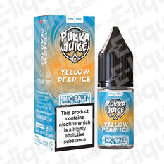 Pukka Juice Yellow Pear Ice Nic Salt e-liquid in a 10ml bottle with box packaging featuring cool ice design.