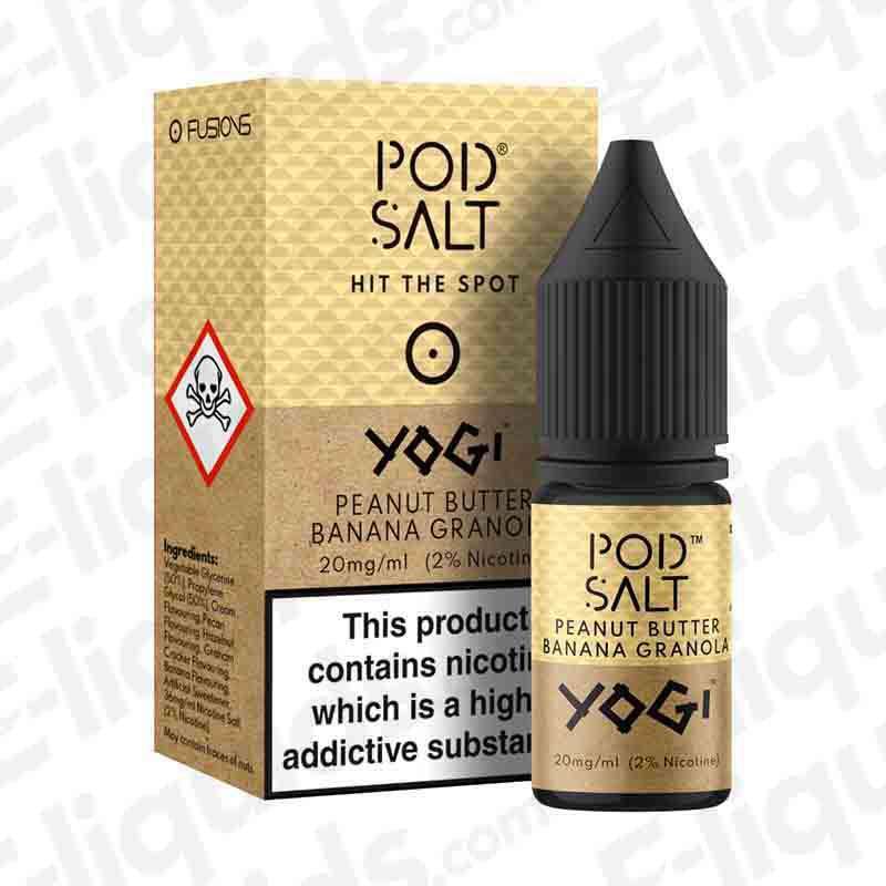 Pod Salt Yogi Peanut Butter Banana Granola Nic Salt E-liquid bottle and packaging, featuring a tasty breakfast blend.